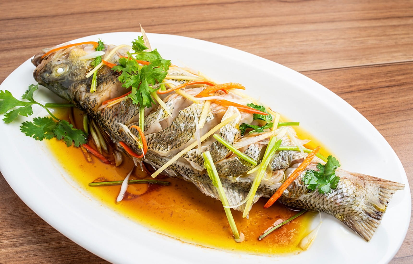 Steamed Sea Bass with Ginger & Soy